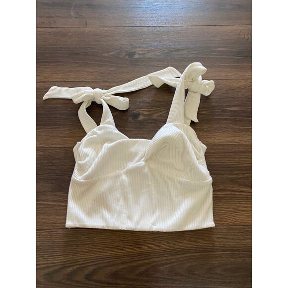 EUC Superdown White Ribbed Tie Strap Crop Top Twisted Front Bralette Tank Top M - Picture 8 of 8